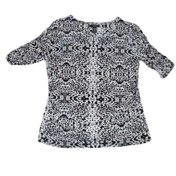 Alfani Womens Animal Print Blouse with Rushed Sleeves-Black/White-XL